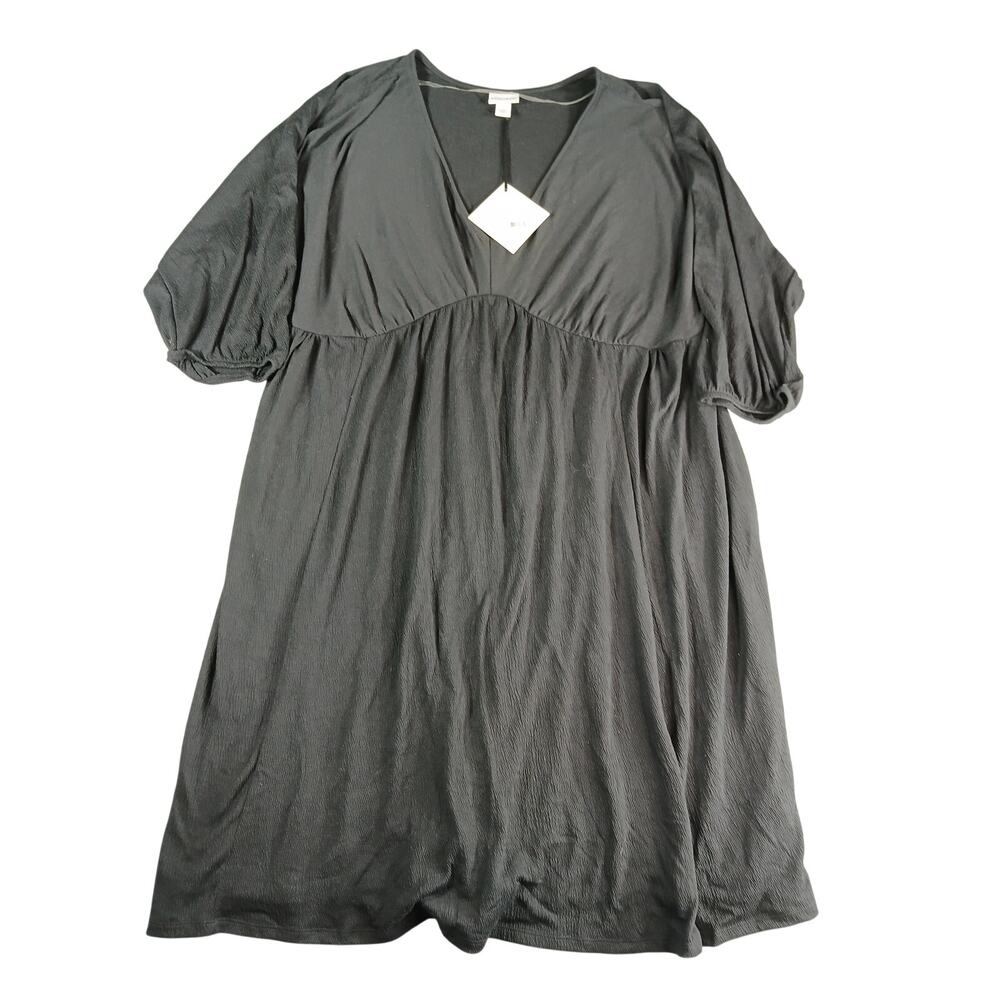 Ava & Viv Dress Womens XXL 2XL Black Textured 3/4 Sleeve A-Line Midi V-Neck NWT